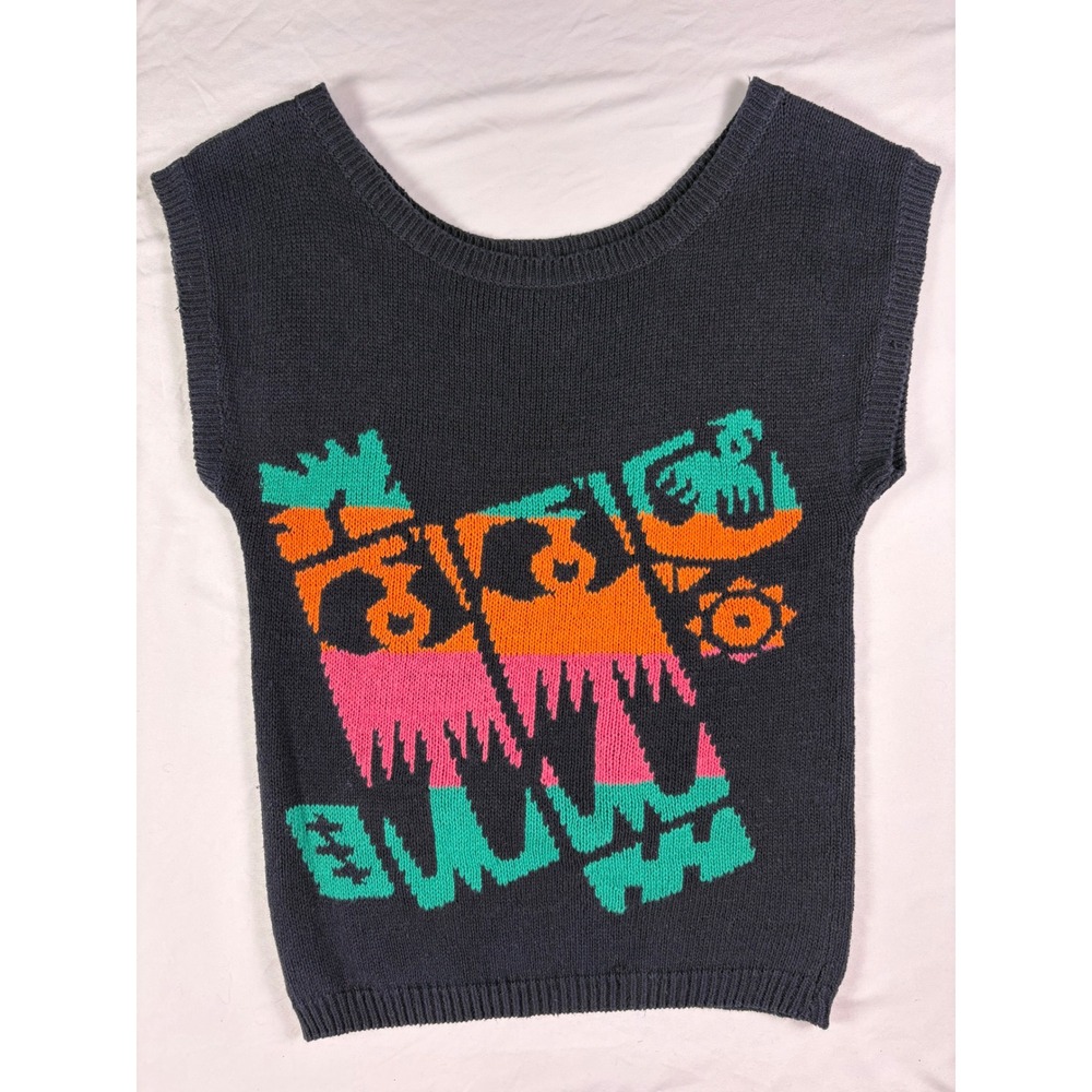 Vintage 90s Sergio Valente Knit Top Women M Neon Abstract Aztec Bold Art Chunky - Picture 3 of 6
